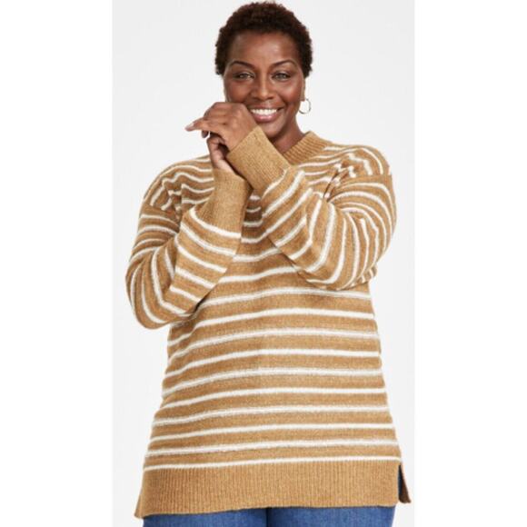 Style & Co Carmel Fuzzy Striped Crewneck Pullover Sweater Top Plus Size 0X NWT - Picture 1 of 1